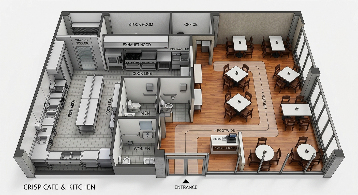 הדמיית תלת מימד של תוכנית אדריכלית לבית קפה ומטבח תעשייתי, הכוללת חלוקה לאזורי ישיבה, עמדות בישול והכנה, חדר קירור, משרד ושירותים נגישים.