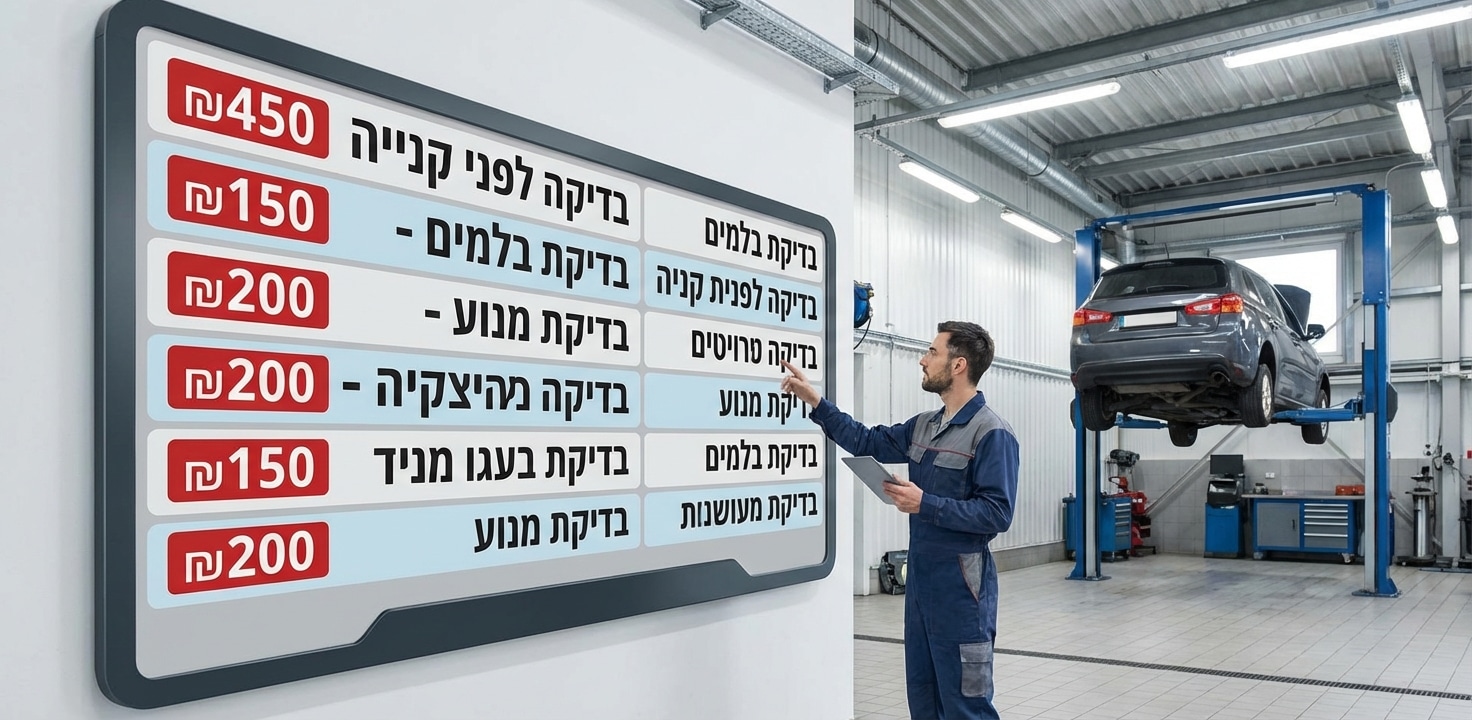 מכונאי במוסך מצביע על לוח מחירון דיגיטלי עבור בדיקות רכב ושירותים שונים, עם רכב מורם על ליפט ברקע.