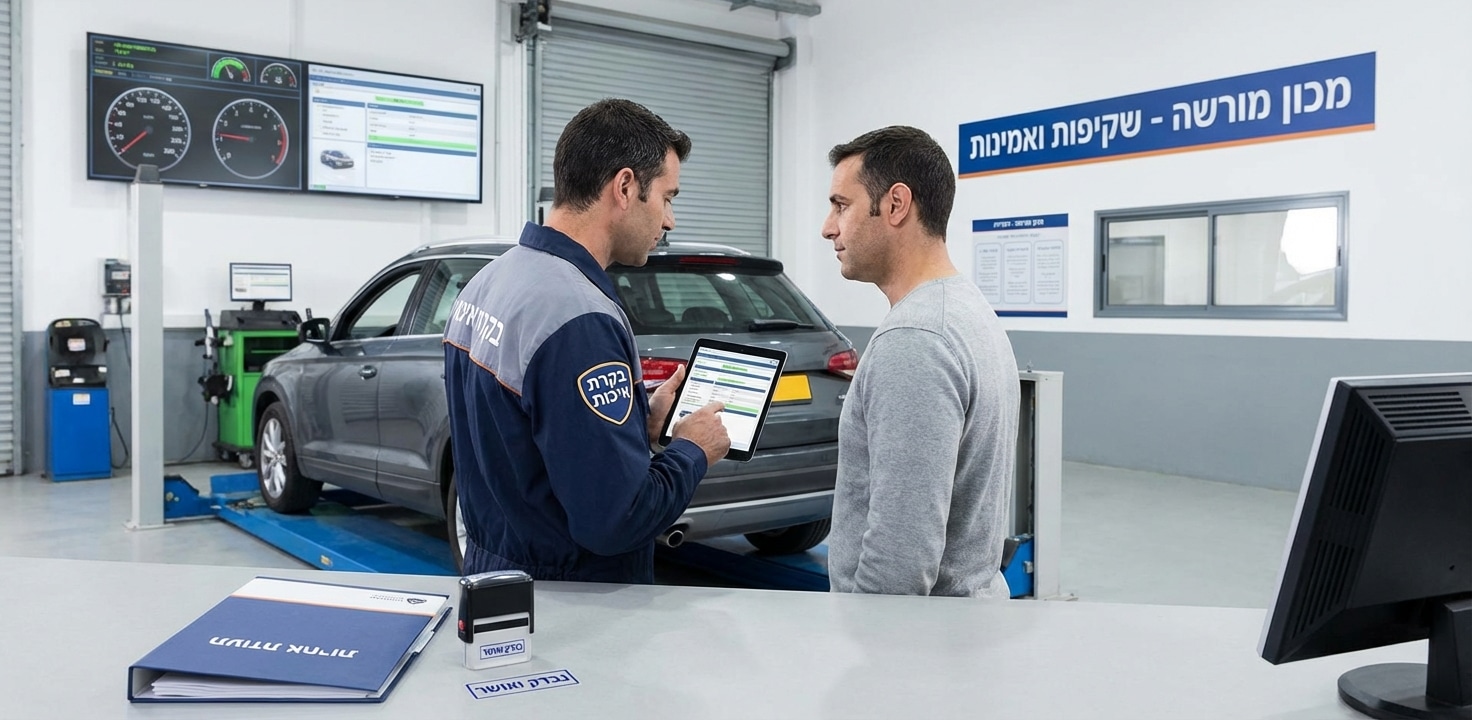 בוחן רכב מציג ללקוח את תוצאות בדיקת הרכב על גבי טאבלט במכון רישוי מורשה, כשברקע רכב על ליפט ובקדמת התמונה טופס בדיקה.