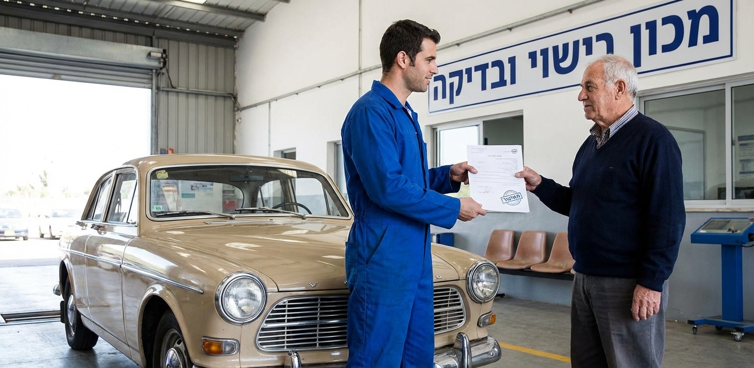 מוסכניק מוסר מסמך ללקוח מבוגר ליד מכונית וולוו אספנות במכון רישוי ובדיקה